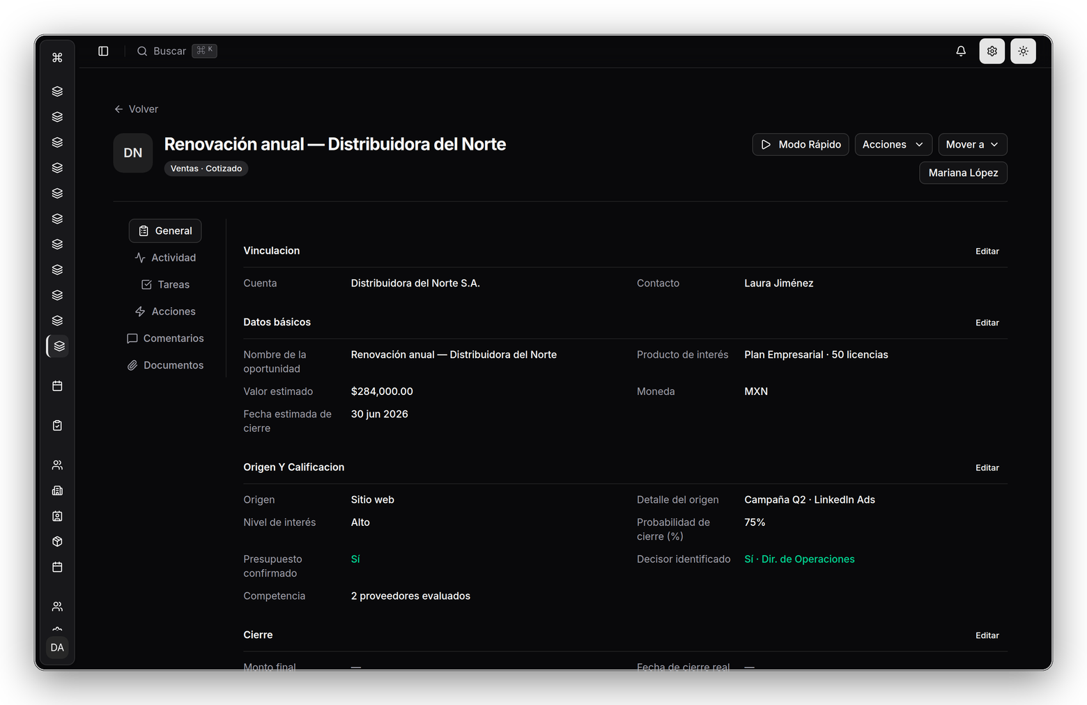 Perfil de una oportunidad en Yalkú con los campos configurados para el proceso