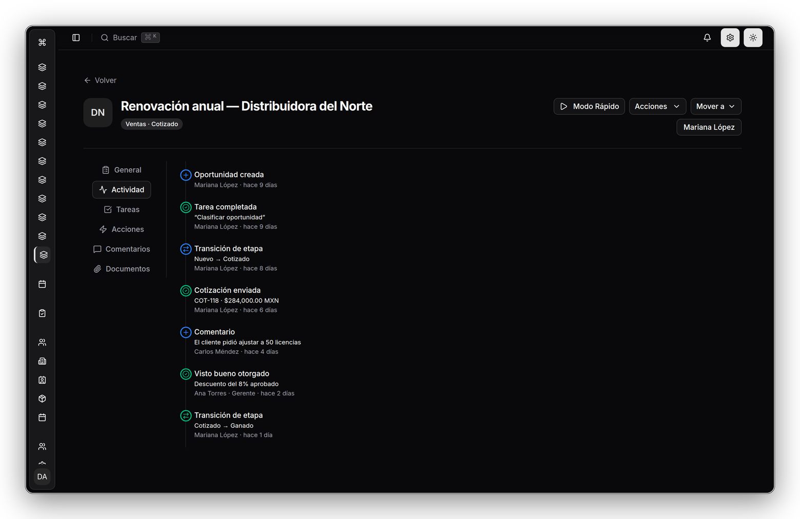 Bitácora de actividad en Yalkú: cada paso del workflow queda registrado