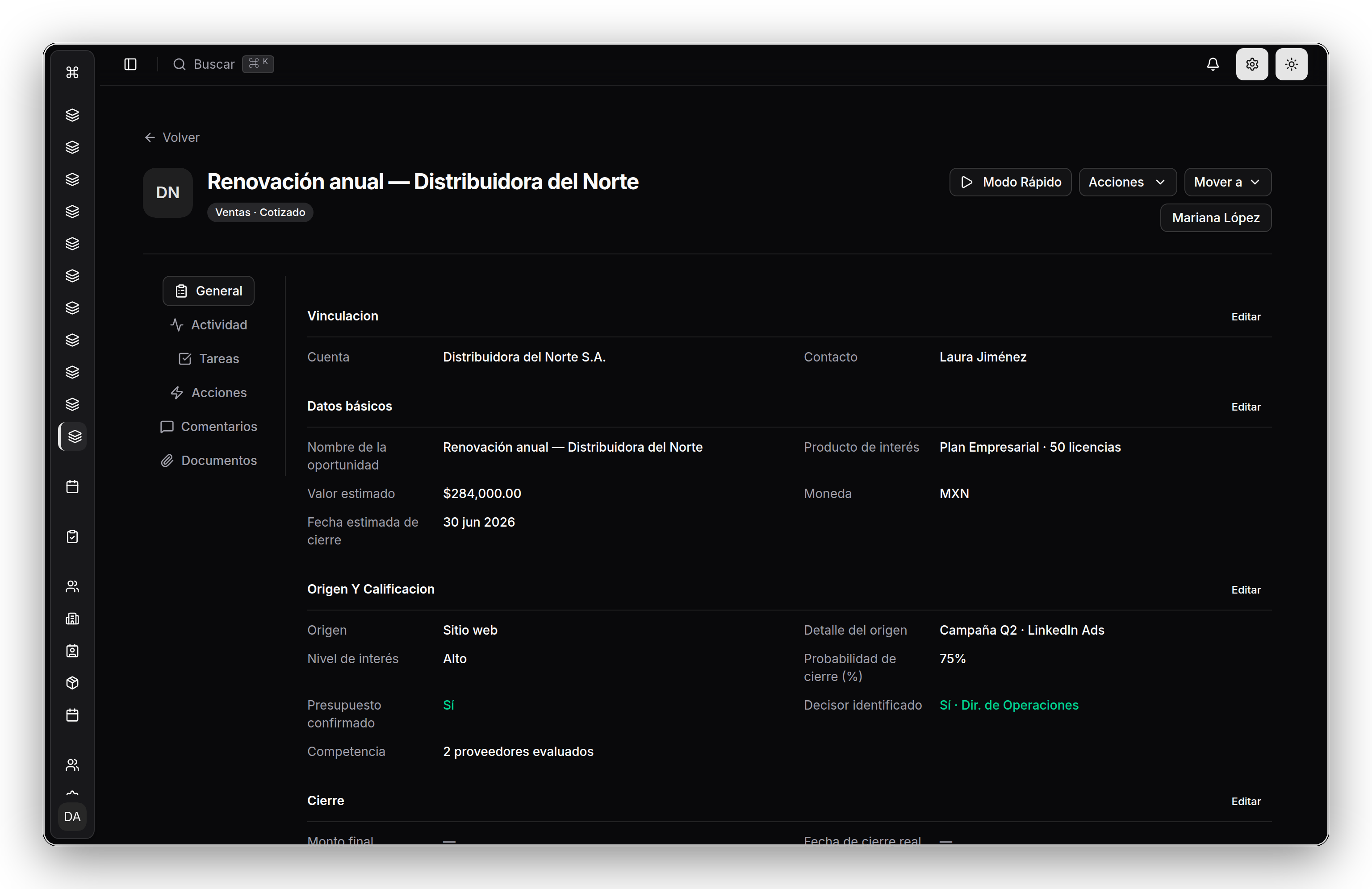 Perfil de una oportunidad en Yalkú con campos a la medida del proceso